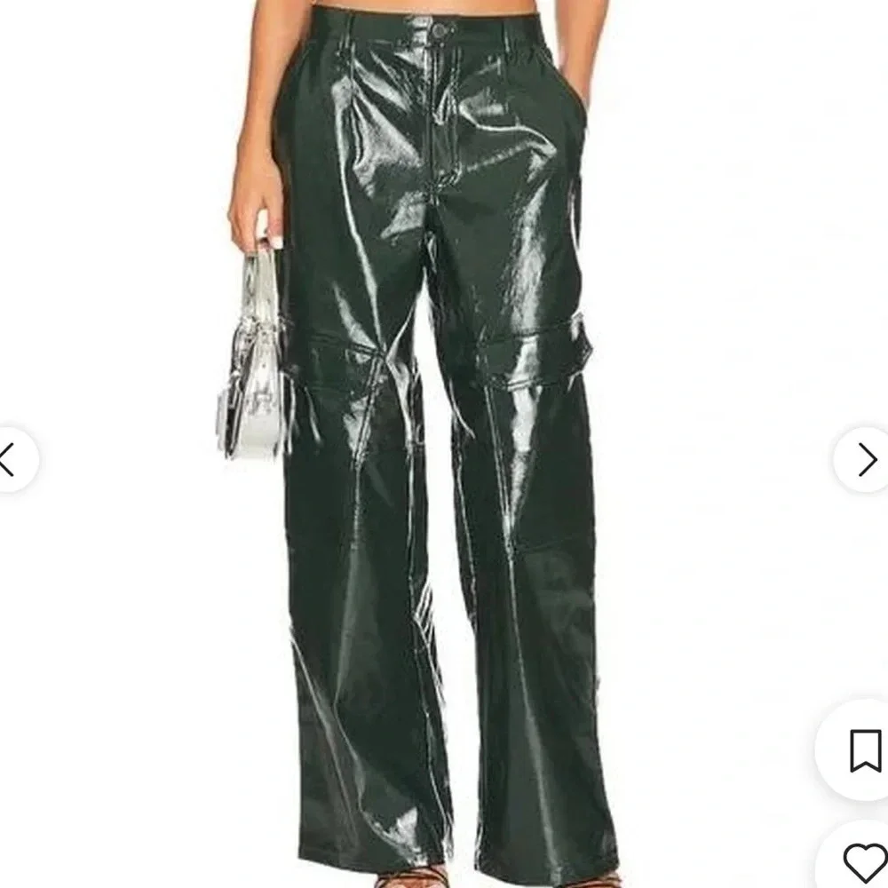 AFRM Wynn Wide Leg Pants Faux Leather Womens Size 25 High Waist Dark Green